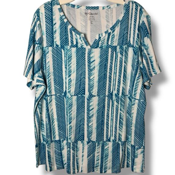 Chicos Top NWT Women's 4 (2X) Colorful Blocked Herringbone Tidal Teal Notch Neck - Picture 1 of 7